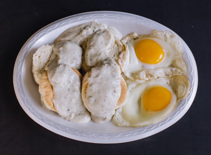 TWO EGGS,  SAUSAGE GRAVY  & BISCUITS