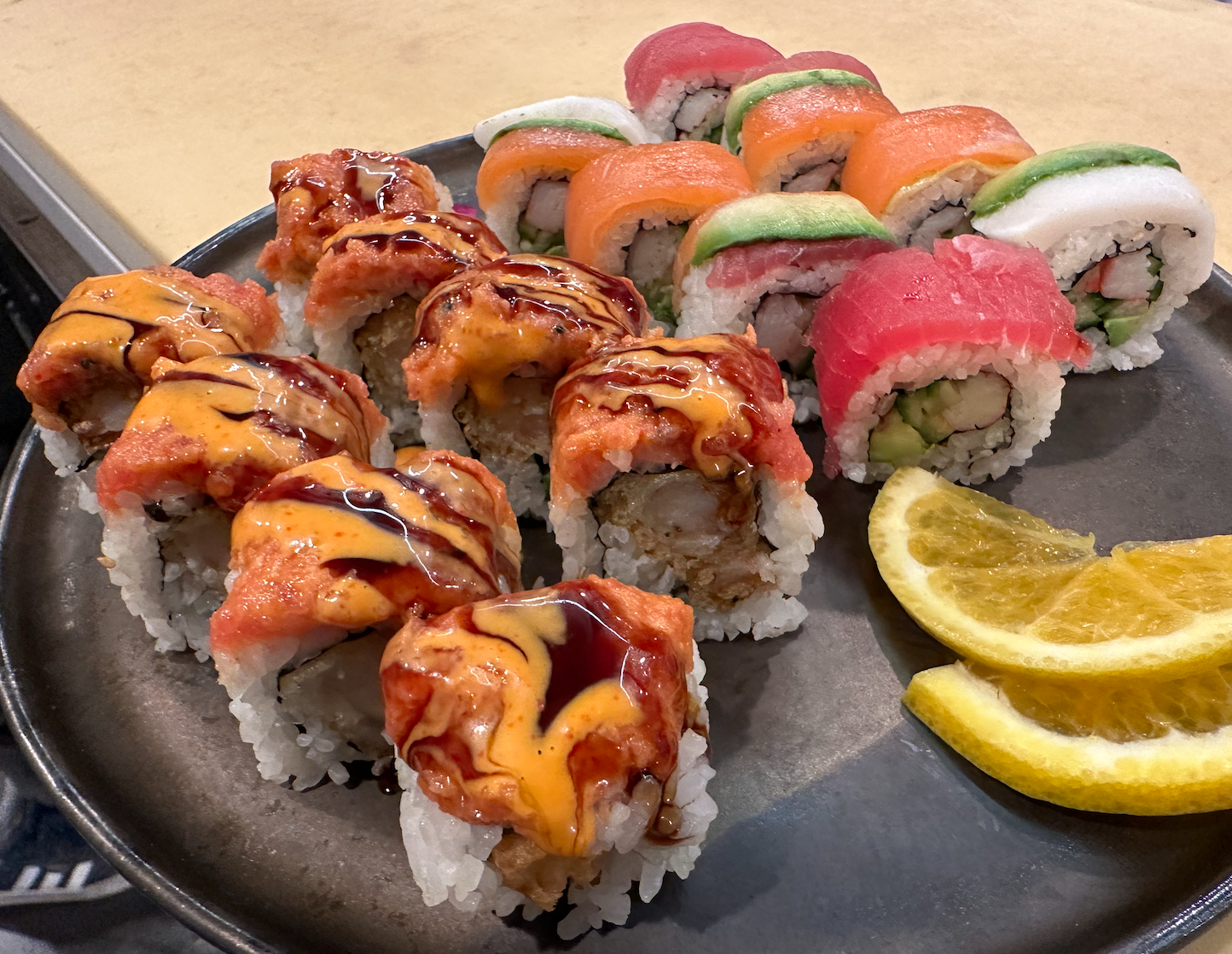 Rainbow Roll, Spicy tuna shrimp tempura Roll*