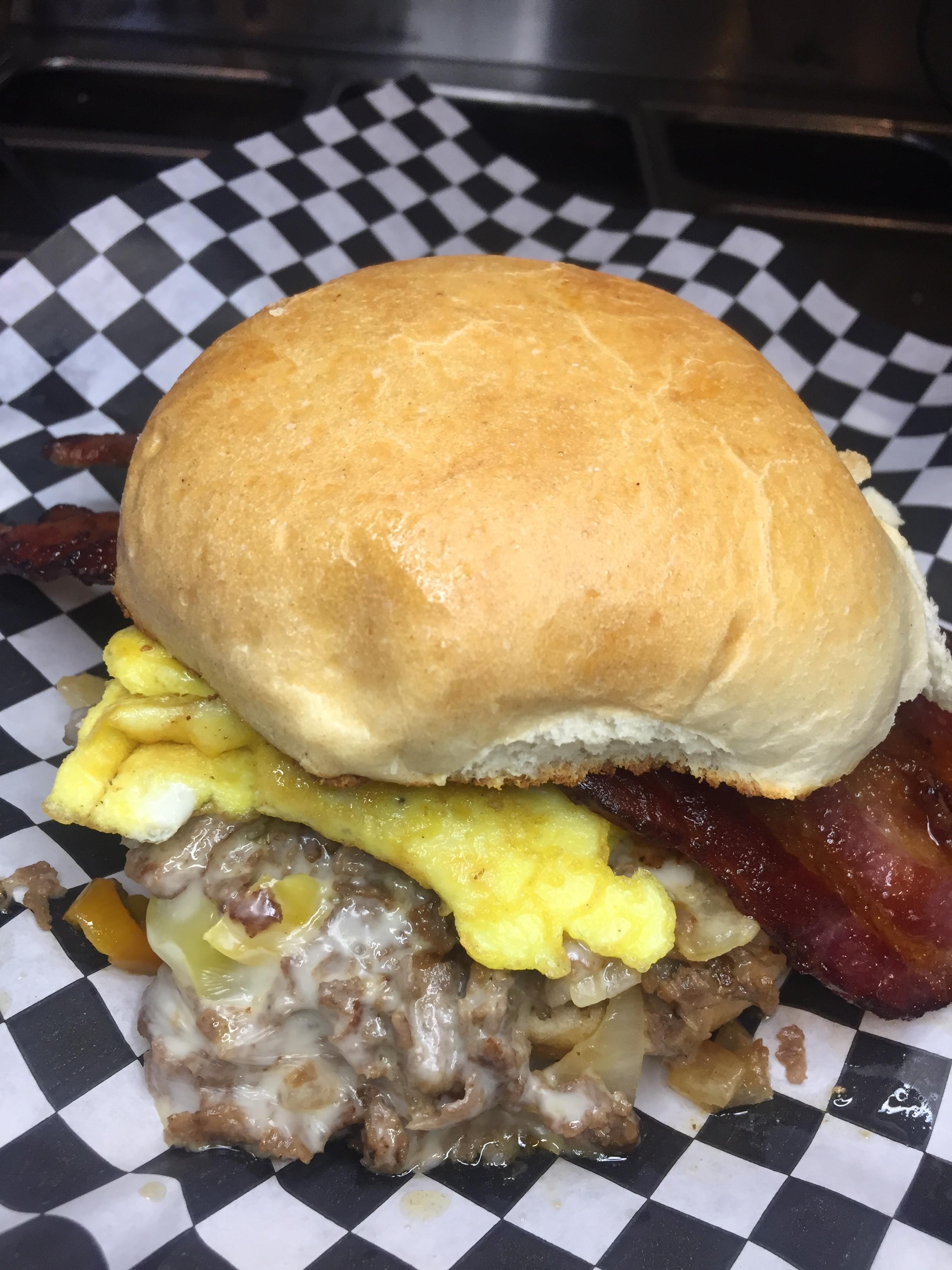 steak hoagie bacon egg & cheese breakfast sandwich