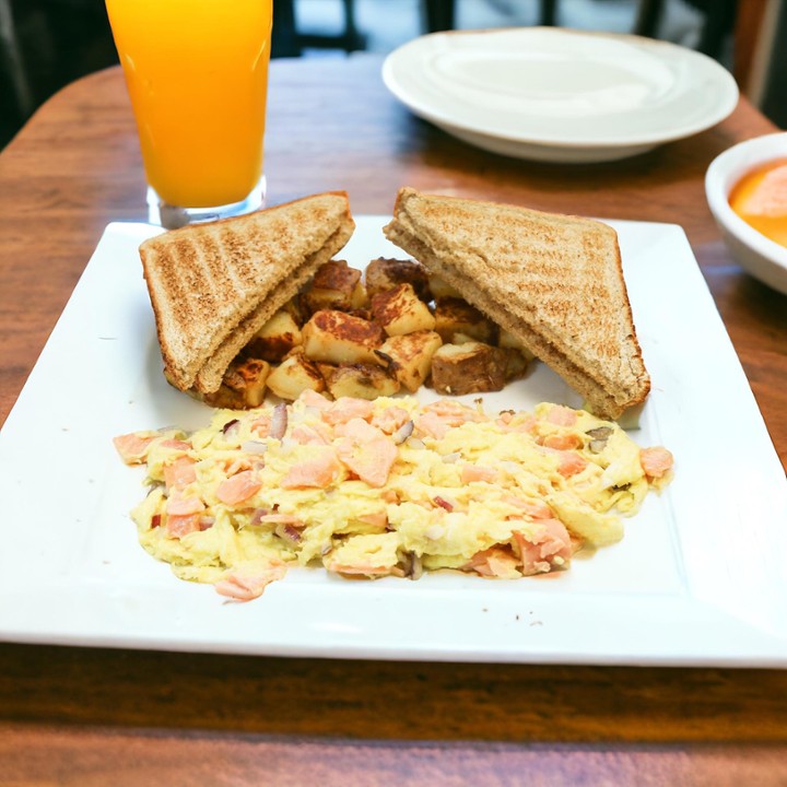 The Smoked Salmon Scramble and Onions with homefries and Toast