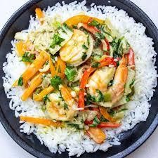 4/26/24 Friday Dinner – Thai Green Curry Shrimp & Rice.