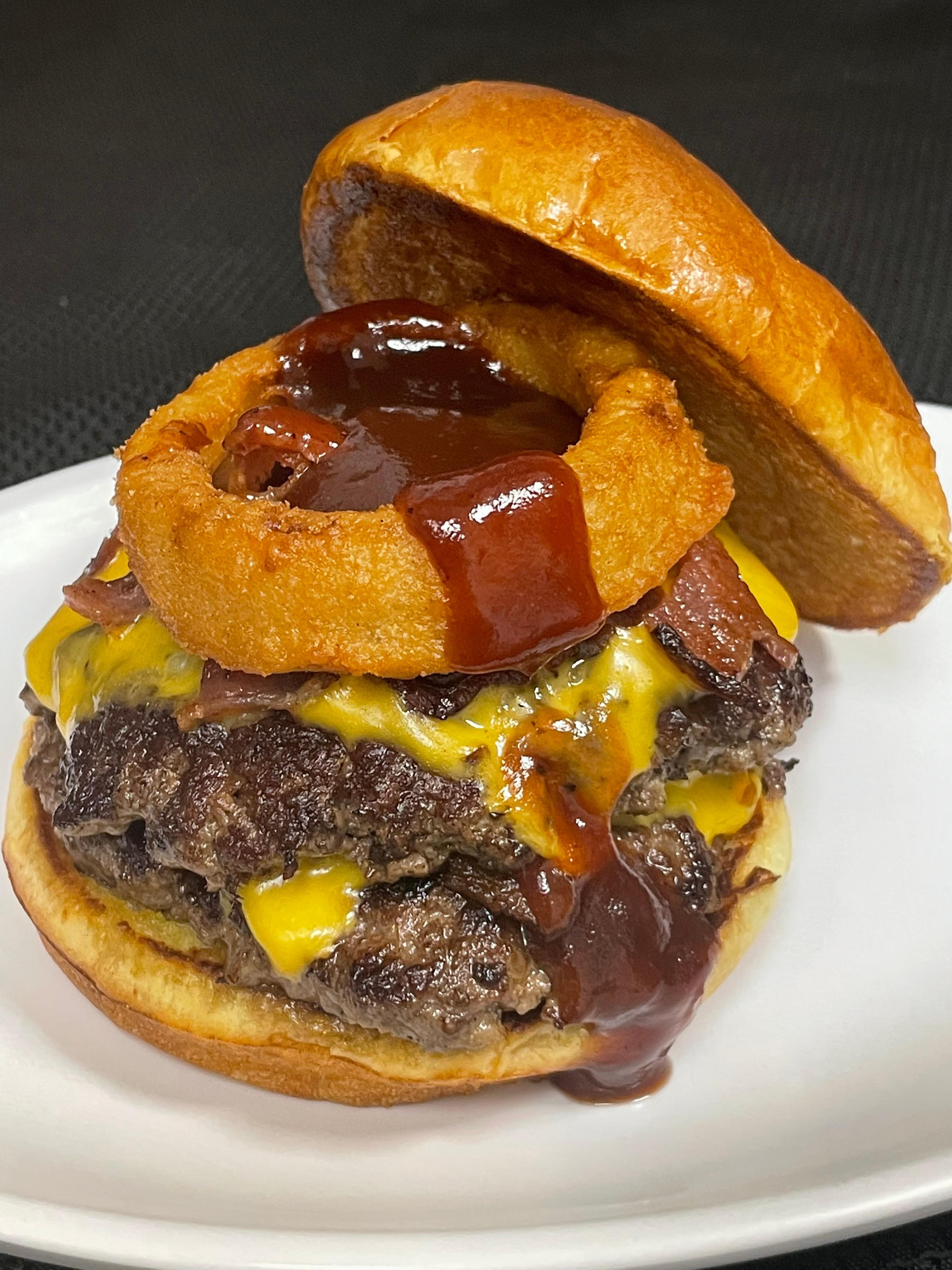 BBQ Bacon Double Cheeseburger W/Onion ring on top