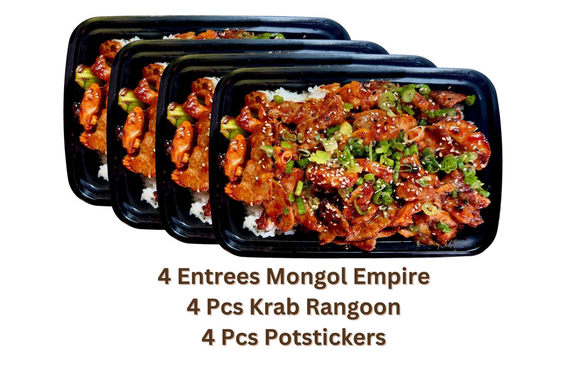 4X Mongol Empire  +  4 Pot Stickers + 4 Krab Rangoon