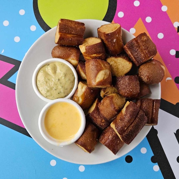 Fried Soft Pretzel Bites with Cheese Sauce & Agave Mustard