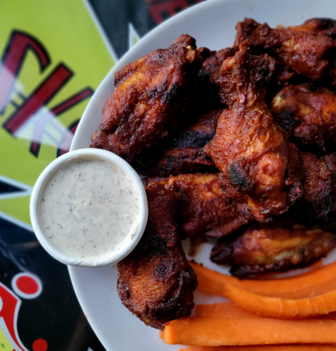 5 years of fury Charred Wings (10) Fried Crispy with Carrots and Ranch or Blue Cheese