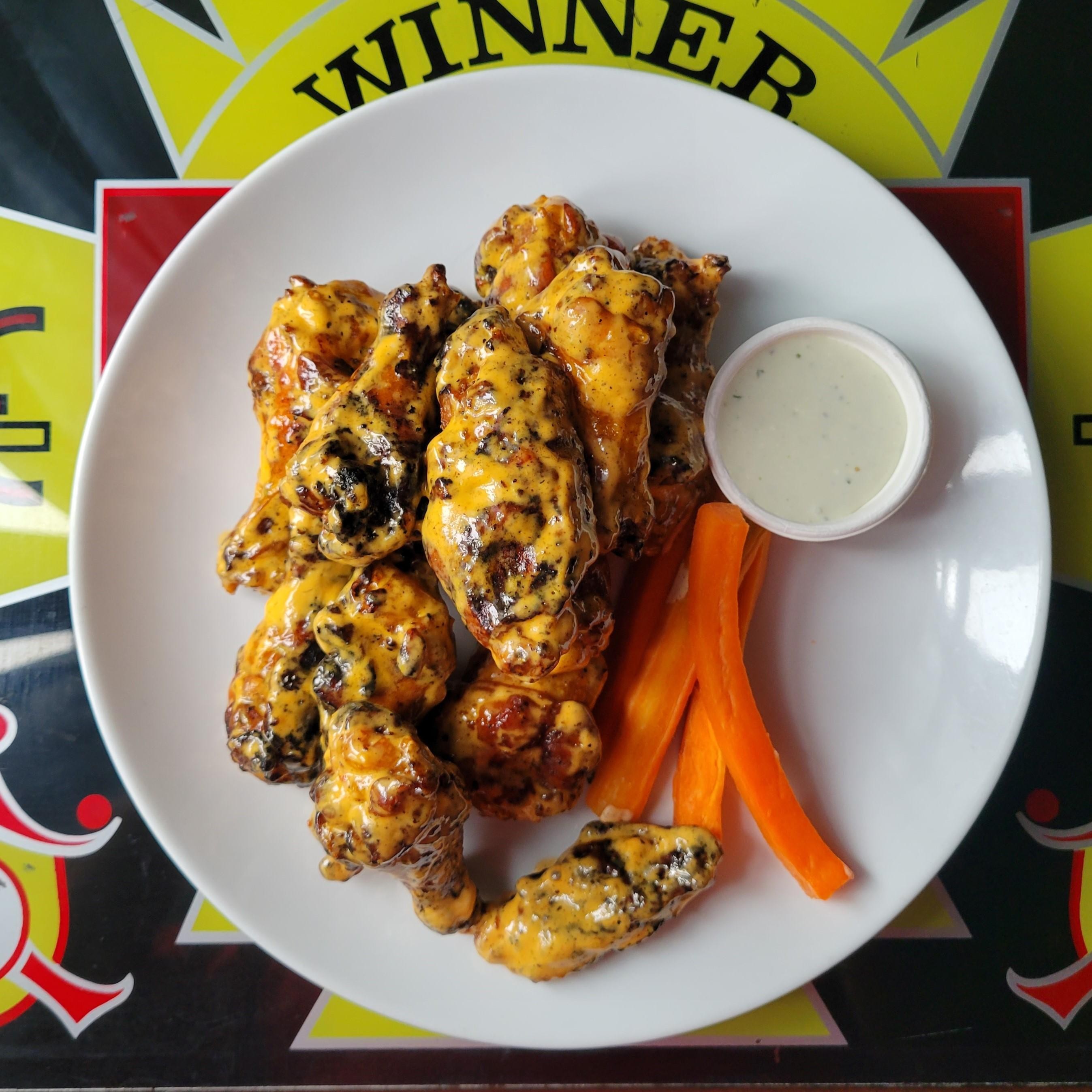 Buffalo Ranch Charred Wings (10) Fried Crispy with Carrots and Ranch or Blue Cheese