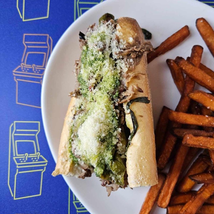 Lambwich - Roasted lamb, balsamic grilled green onions, mint and parsley pesto, parmesan cheese, hoagie roll