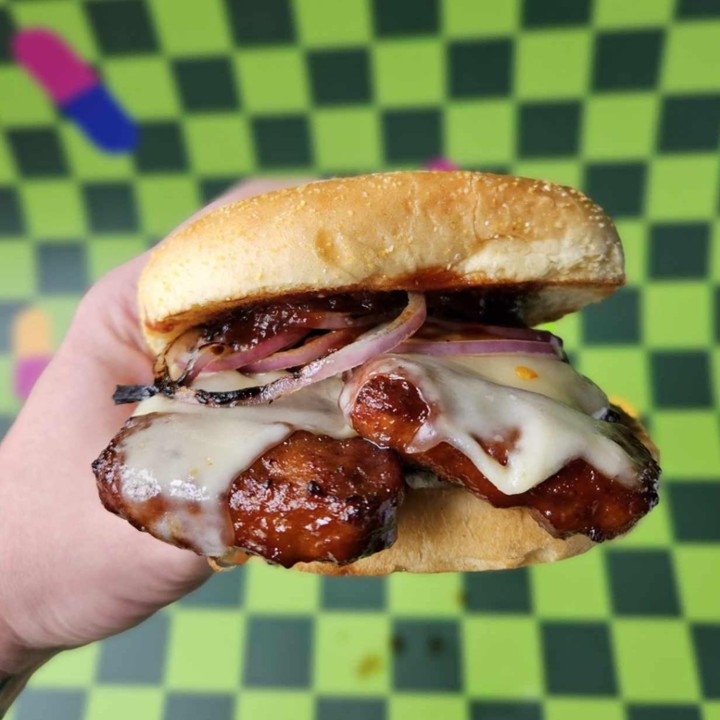 Mick Grib - Rib Patty, Honey Bourbon BBQ, Swiss Cheese, Grilled Red Onions, Kaiser Roll