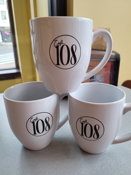 Cafe108 Mug (16 oz ceramic) + Biscotti & first fill of coffee free