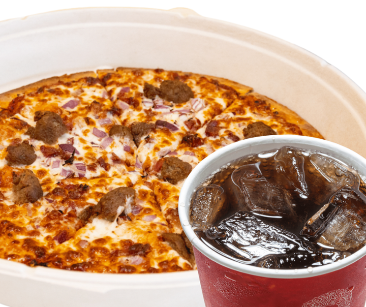 MEATBALLS & CANADIAN BACON BITS PIZZA + SODA