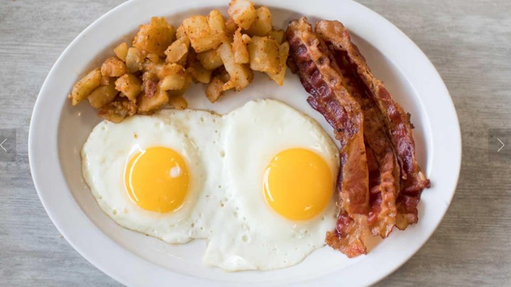 HOME-FRIES, 2 EGGS (choice of bacon or chorizo) Toasted Bread