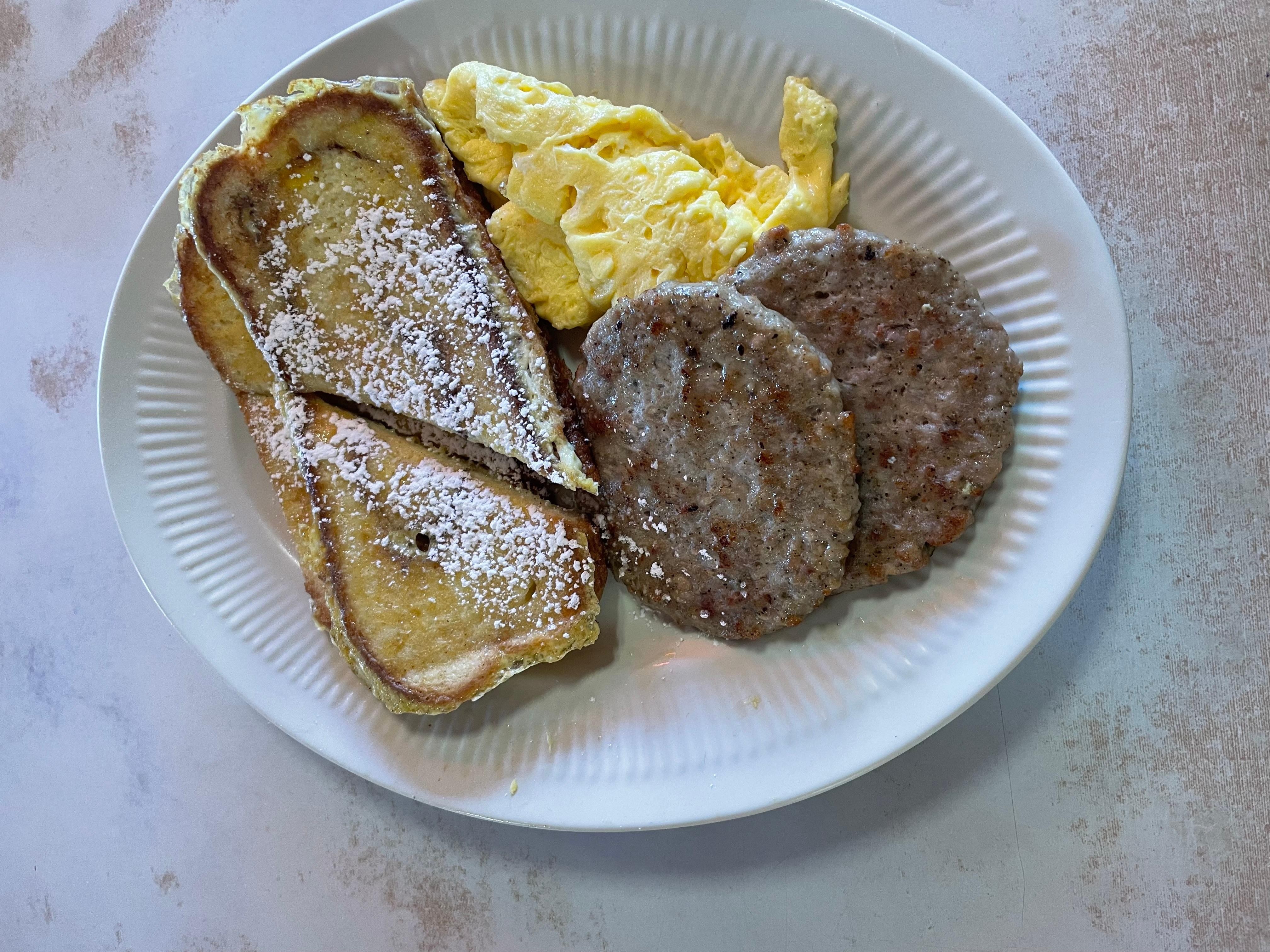 2 eggs with meat and French Toast