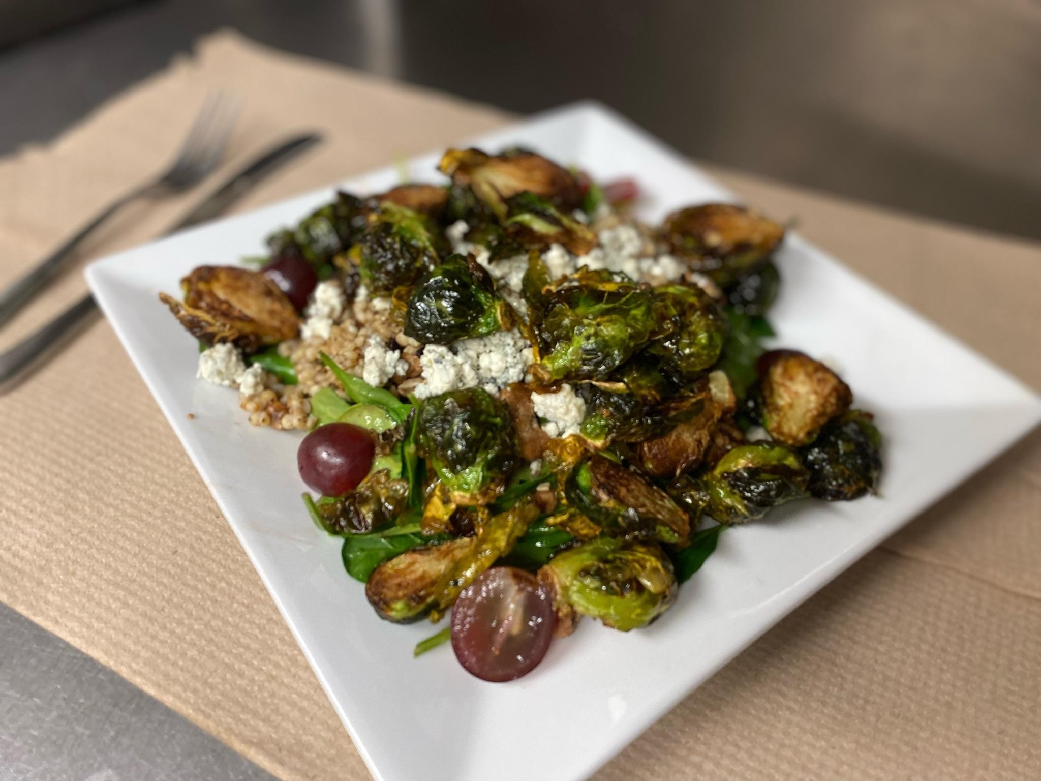 Roasted Brussels and Spinach grain salad
