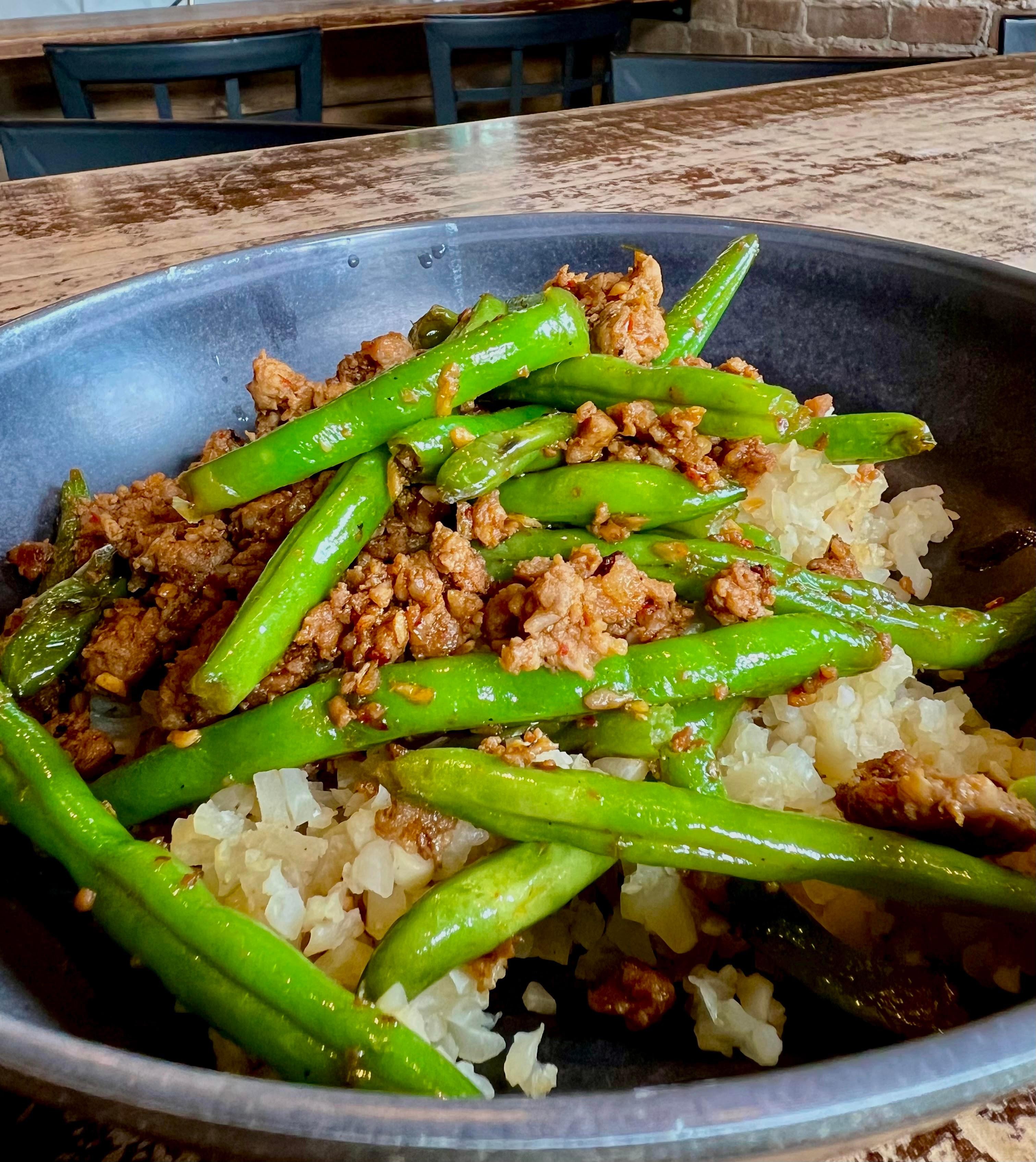Pork and Green Beans Over Cauliflower Rice