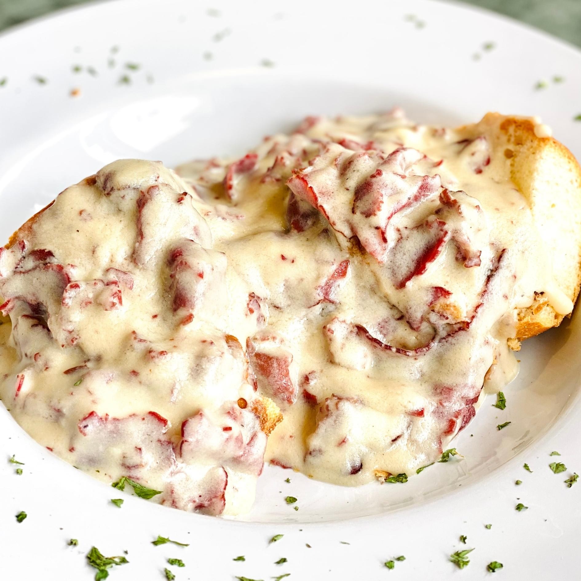 Cream Chipped Beef Over Toasted Baguette