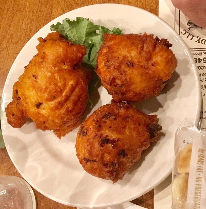 3 Clam cakes with a bowl of chowder TO
