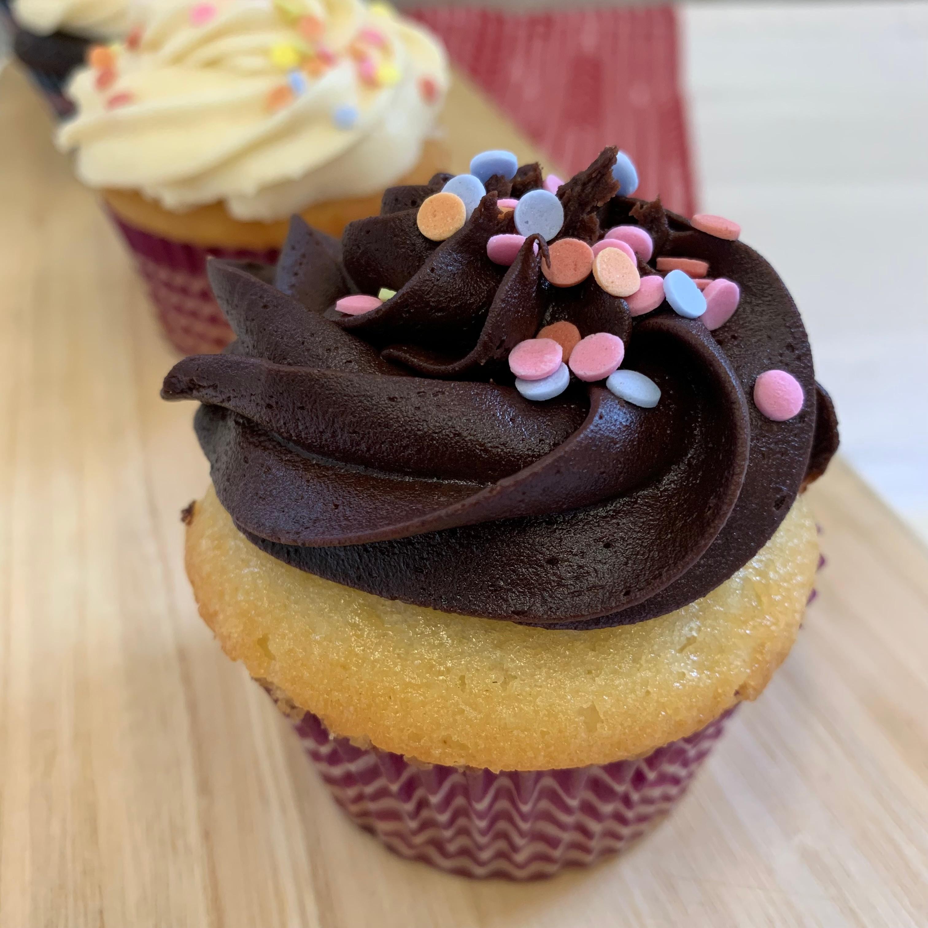 White Velvet Cupcake with Chocolate Frosting
