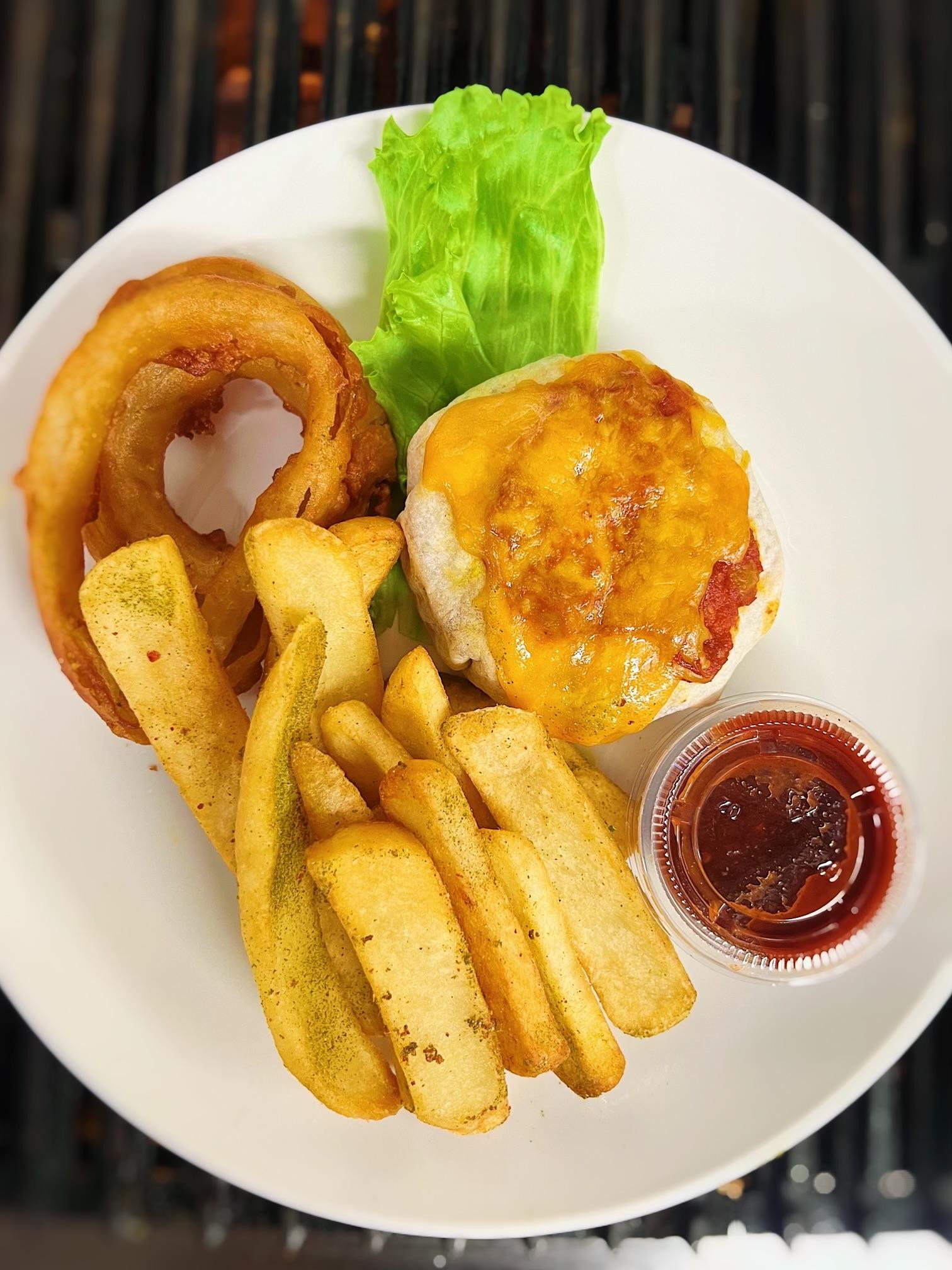 Zanzibar spicy beef samosa burger with dry rub masala fries