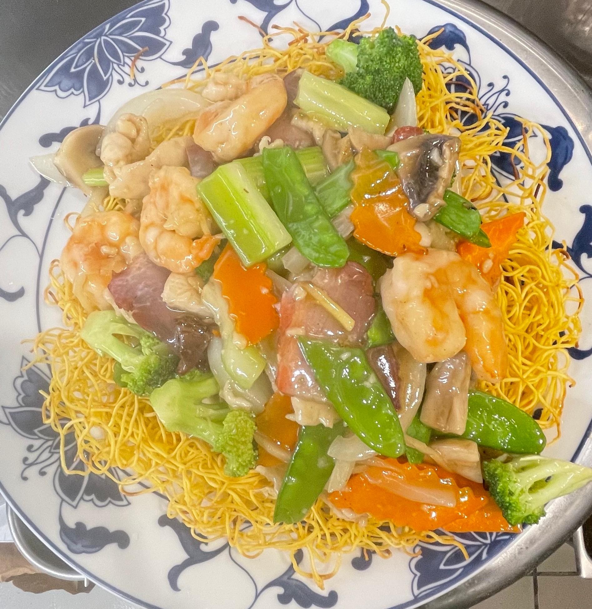 Cantonese Pan-Fried Noodles with Three Delights