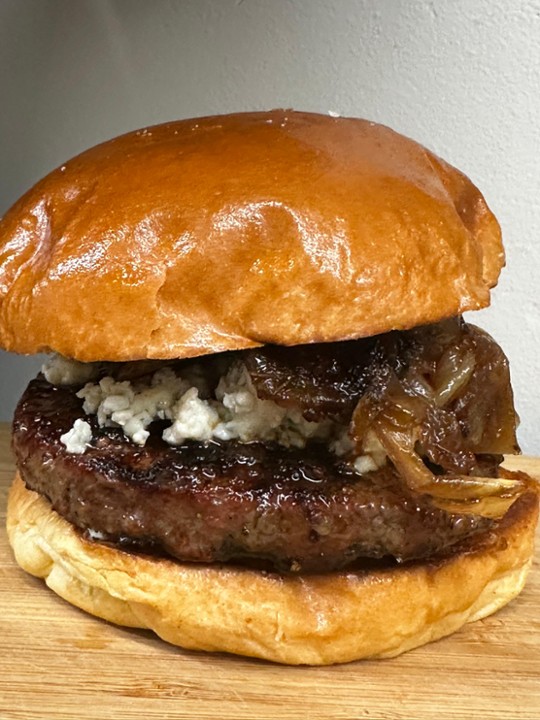 BLACK & BLUE BURGER W/FRIES (burger, blue cheese crumble, & caramelized onions on brioche bun)