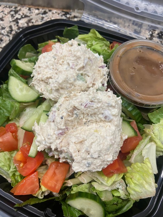 SALAD - TUNA SALAD (romaine, tomato, cucumbers, 2 scoops of tuna made with onion, celery, a little relish, seasonings and mayo)