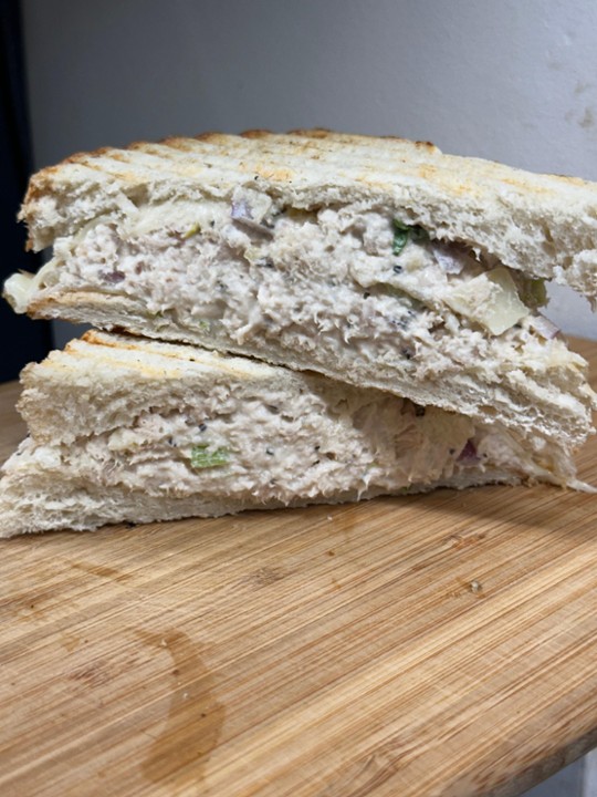 PANINI - TUNA MELT (tuna made with onion, celery, a little relish, seasonings and mayo with cheddar on italian)