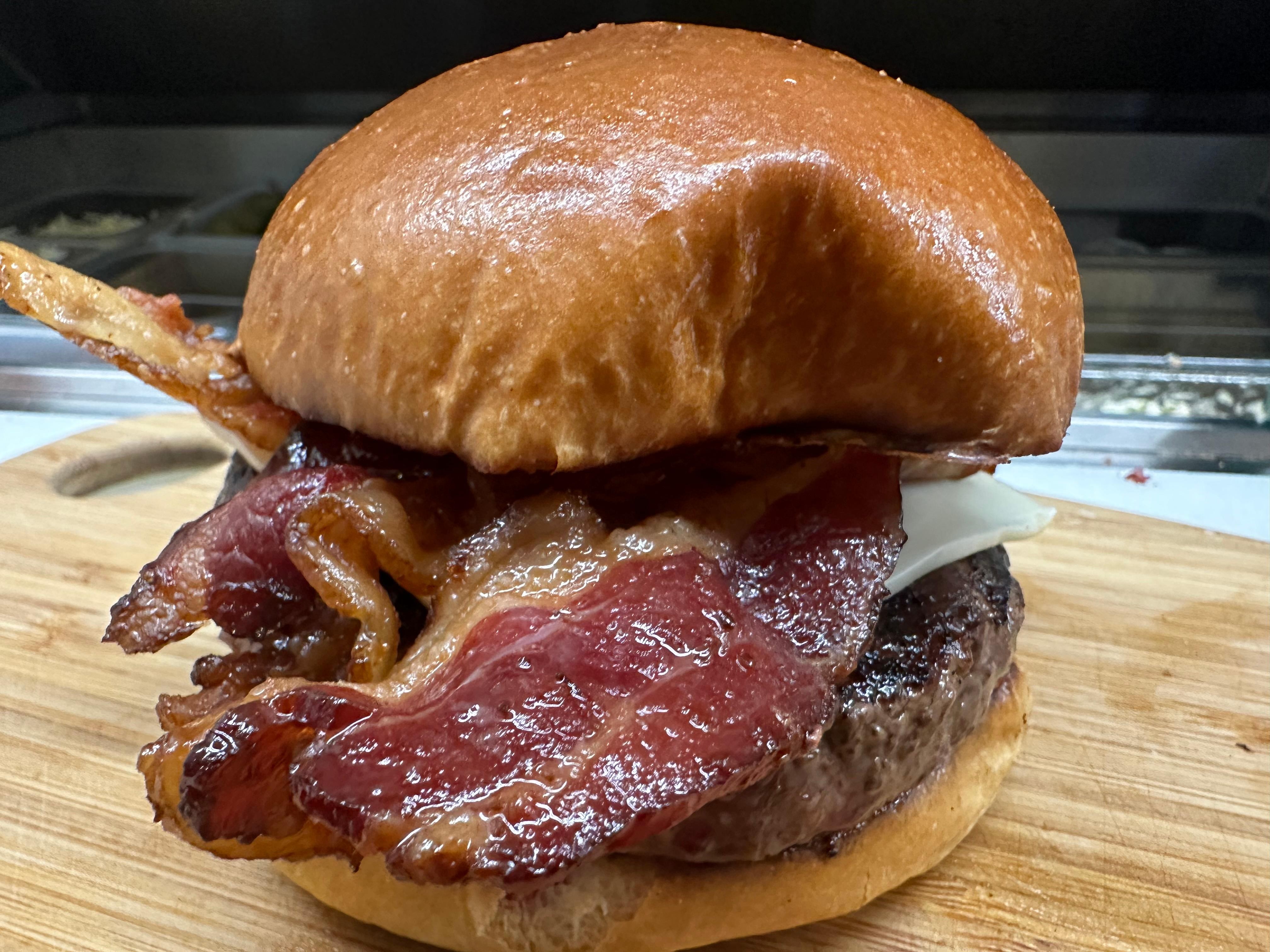 BACON LIFE W/FRIES (burger, american cheese & 3 strips of bacon on brioche bun)