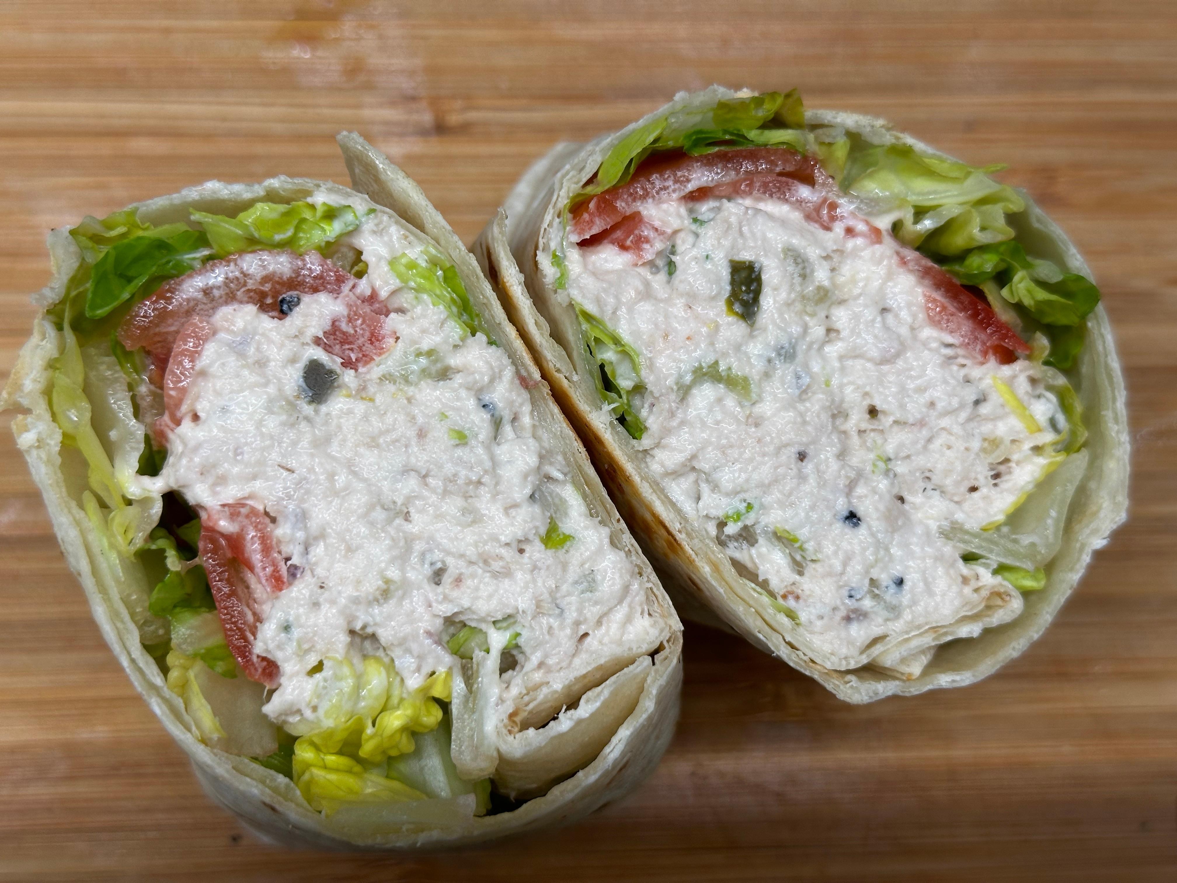 WHITE TUNA SALAD WRAP  (tuna made with celery, onion, and mayo with lettuce & tomato)