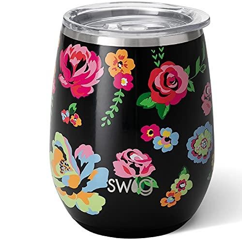 Swig Life 14oz Wine Tumbler with Lid, Stainless Steel, Dishwasher Safe, Stemless, Portable, Triple Insulated Wine Tumbler in Fleur Noir Print