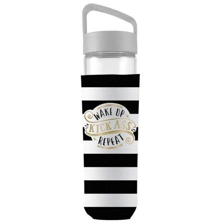 Wake up - Kick Ass - Repeat Acrylic Water Bottle in Black and White Stripes