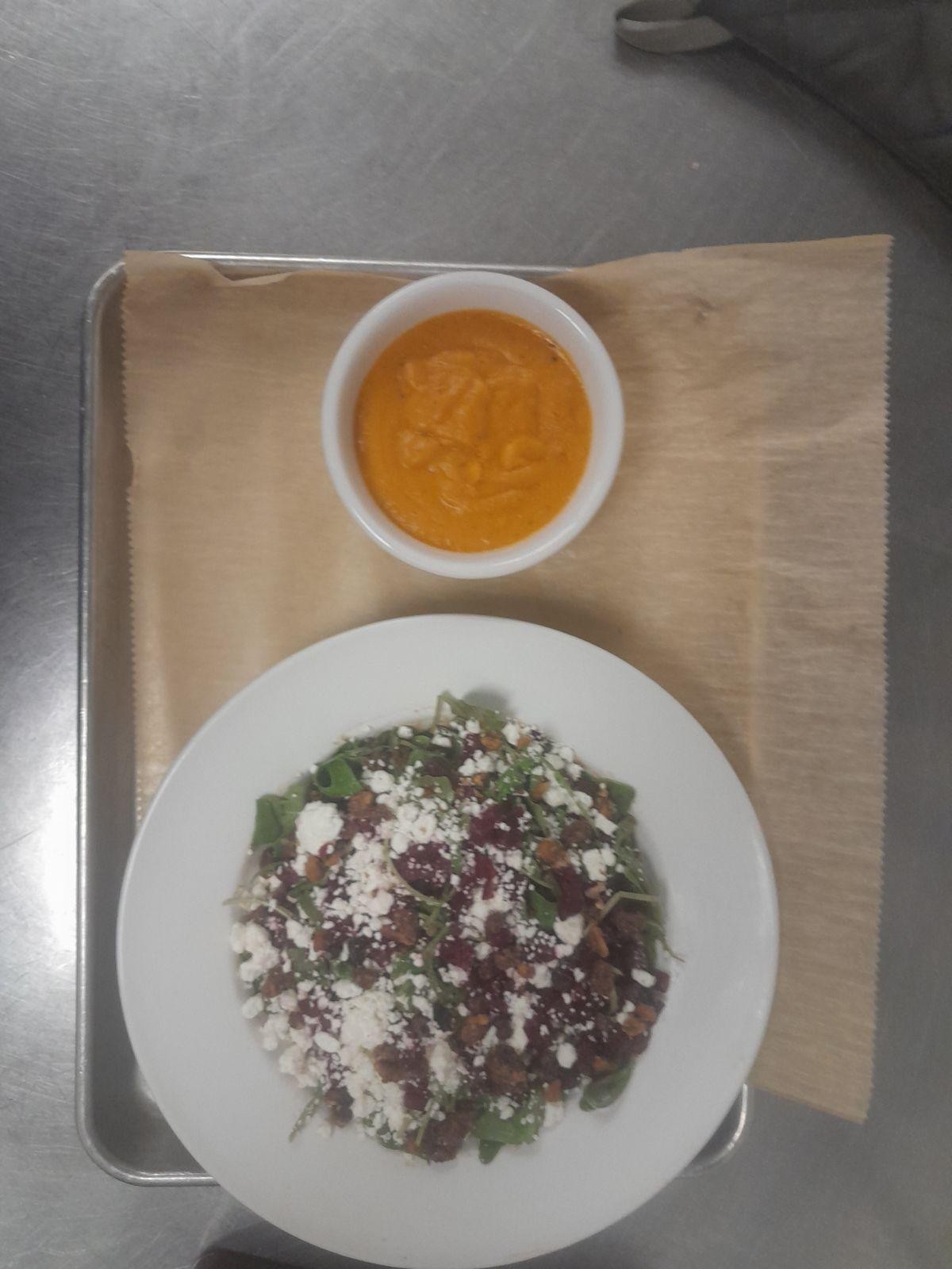 Roasted Beet and Goat Cheese Salad & Choice of Soup