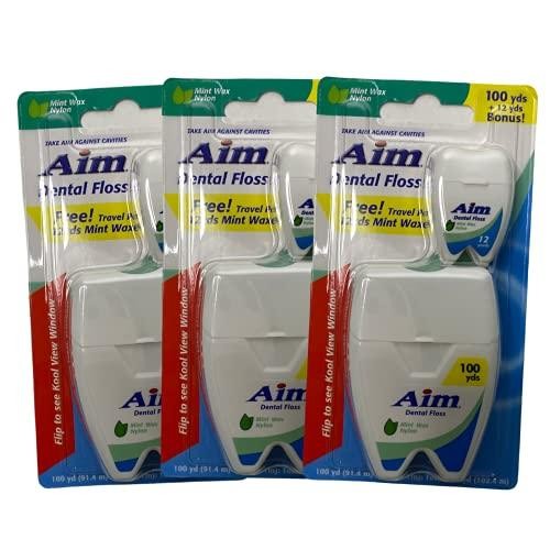 Aim Dental Floss (3 Pack) - Refreshing Mint Waxed Nylon Floss 100 Yds + Free Travel Size by Dr. Fresh