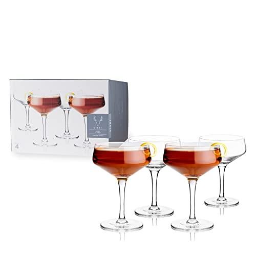 Viski Raye Angled Stemmed Vintage Coupe Glasses Set of 4 - Premium Crystal Clear Cocktail Glasses & Champagne Coupe Drinks Gift Set - 7oz
