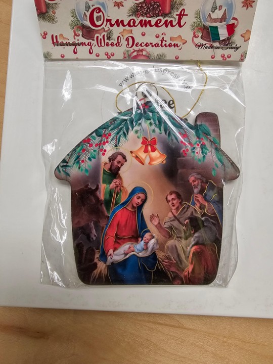 Manger Shaped Wooden Ornament with Holy Family and Men