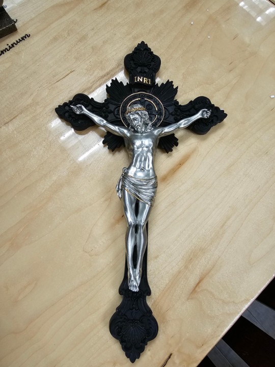 St. Benedict Crucifix, pewter corpus, black cross, 14" Hang Only