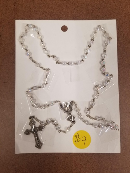 Irridescent beads with Silver Chalice and Crucifix