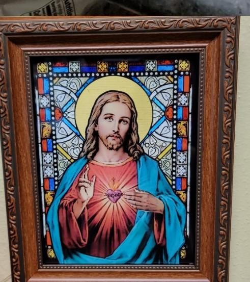 6x8" Sacred Heart Liturgical (Stained Glass) Art, Gold Frame