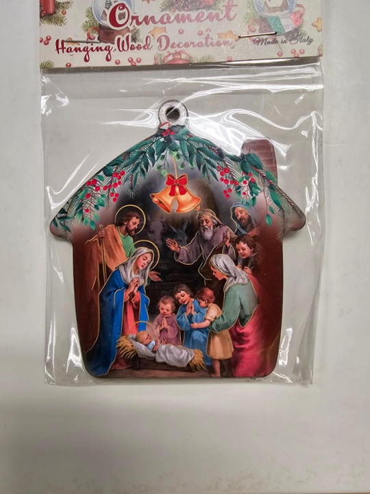 Manger Shaped Nativity Wooden Ornament with Holy Family and Crowd