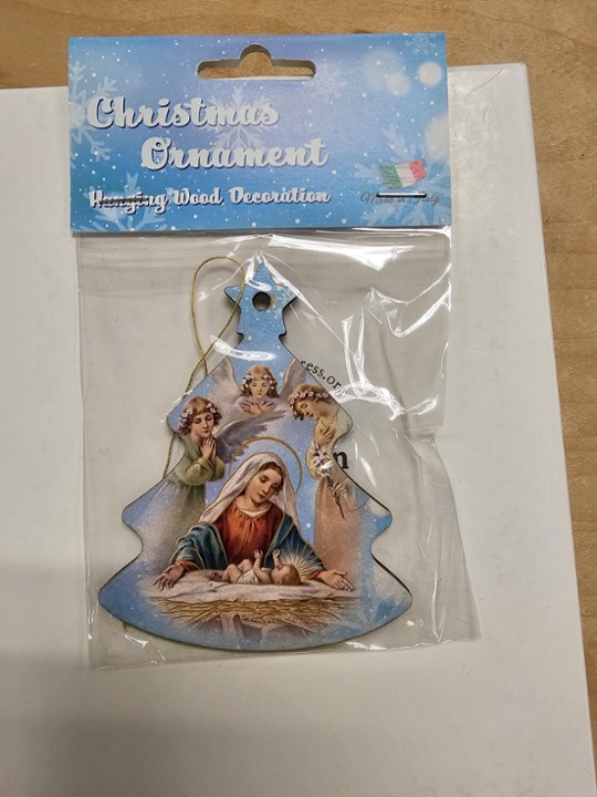 Blue Tree Shaped Wooden Ornament with Mother Mary, Infant Jesus, and Angels