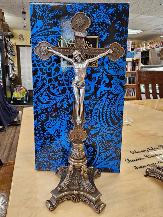 13" Standing Crucifix, 2 tone, pewter/bronze