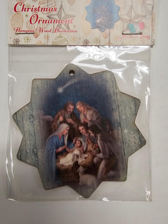 Decagram Blueish Green Star Wooden Ornament with Holy Family and Shepherds
