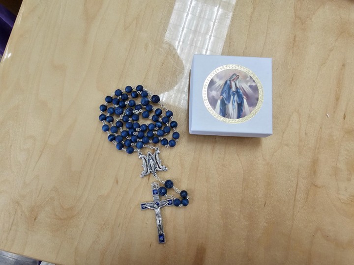 Our Lady of Grace Rosary, 6mm Blue Wood Beads iwth Miraculous medal and silver Crucifix