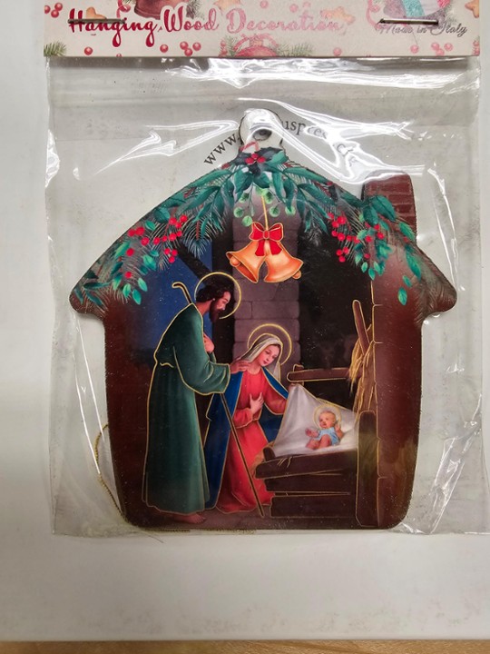 Manger Shaped Nativity Wooden Ornament with Holy Family