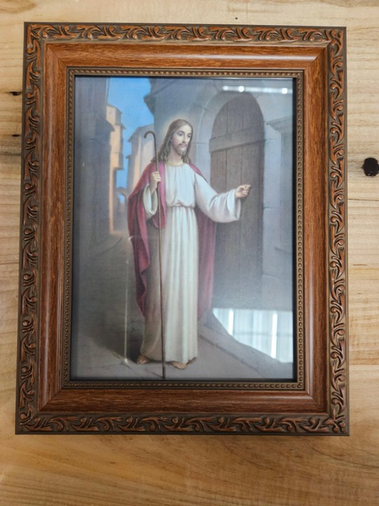 Christ Knocking with Staff 6x8" with 8x10" Wood Frame