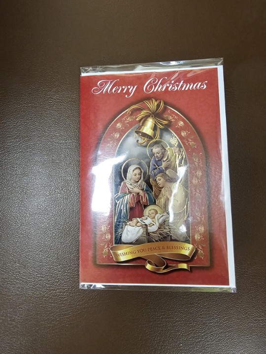 Red Holy Family with Angel "Merry Christmas, Wishing you Peace & Blessings"