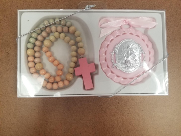 Pink Crib Wood Rosary with Crib Medal