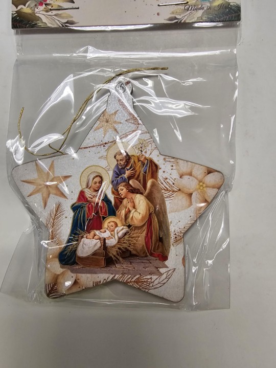 White Star Shaped Nativity Wooden Ornament