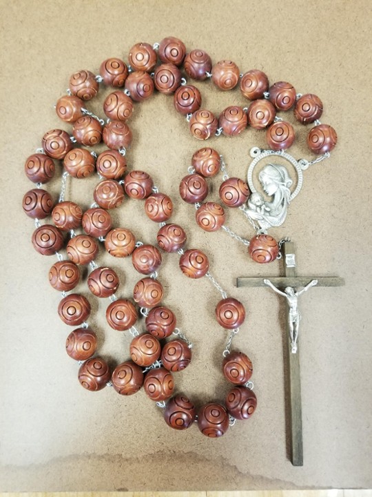 Wall Rosary, Carved Wood, Mother and Child Centerpiece