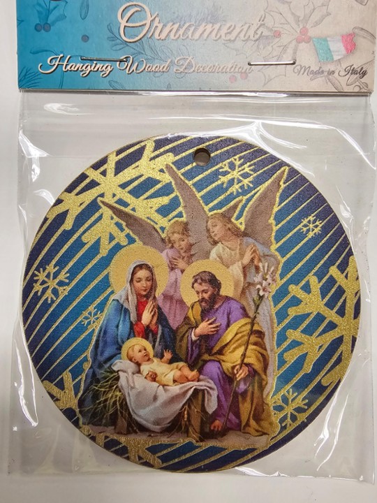 Blueish Green Circle Wooden Ornament with Holy Family and Angels