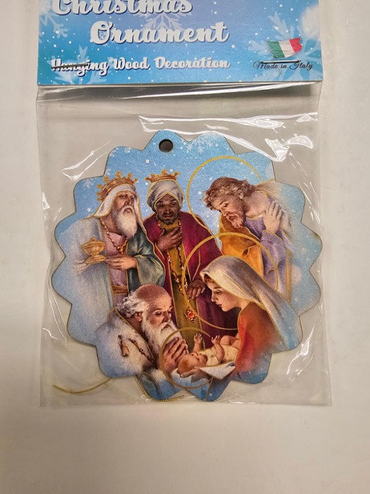 Blue Scalloped Circle Wooden Ornament with Holy Family and Wisemen